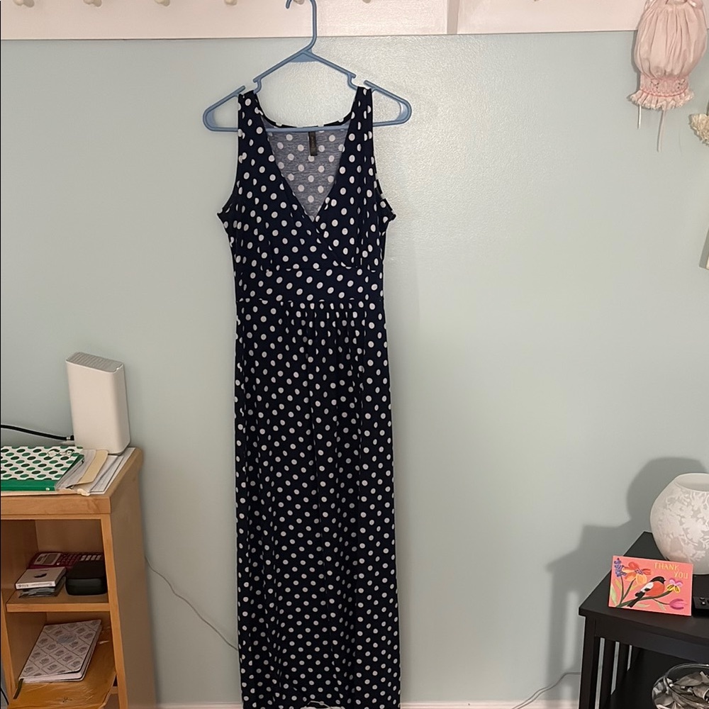 Navy Polka Dot Sleeveless Maxi Dress